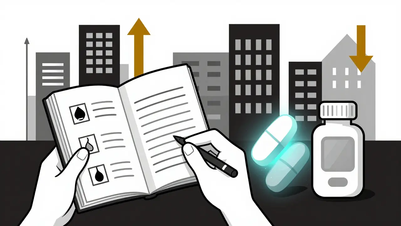Person logging health metrics beside contrasting generic and brand pills with abstract graphs