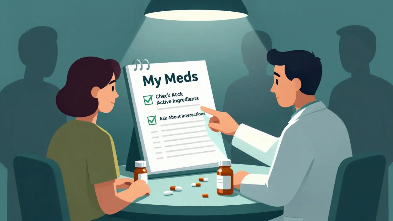 Pharmacist and patient reviewing meds with checklist, shadowy OTC bottles looming in background.