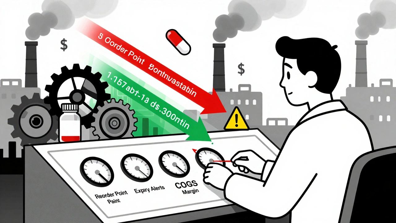 Pharmacist at a control panel with data streams and expiry alerts, mechanical gears turning pill inventory.