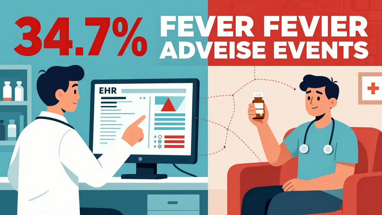 Pharmacist reviewing digital health records while patient holds up medication bottles, connected by data lines.
