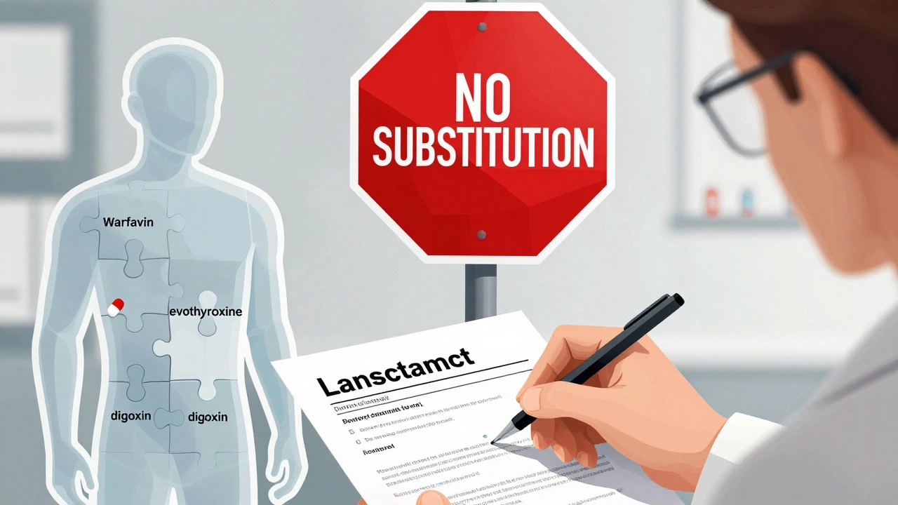 Pharmacist signing consent form as patient&#039;s body is made of drug puzzle pieces, one missing with a stop sign above.