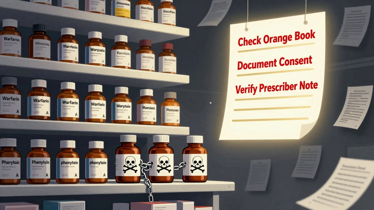 Pharmacy shelf with generic meds, three restricted drugs chained and marked with warning symbols, checklist floating above.