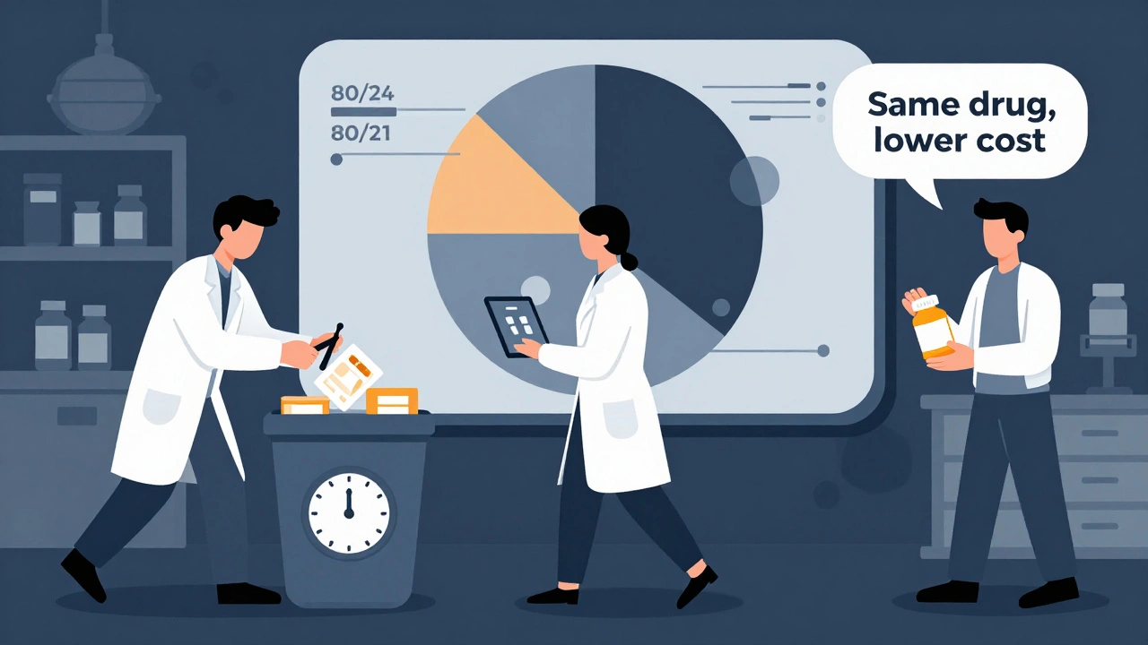 Pharmacy team managing generics, recycling expired stock, patient receiving affordable medication, Constructivist style.
