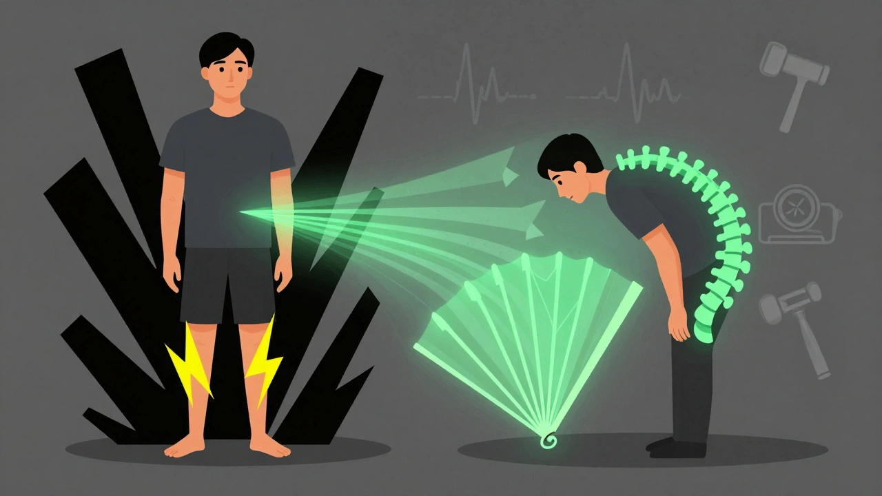 Split image: upright person with compressed spine vs. bent-forward person with relieved nerve flow.