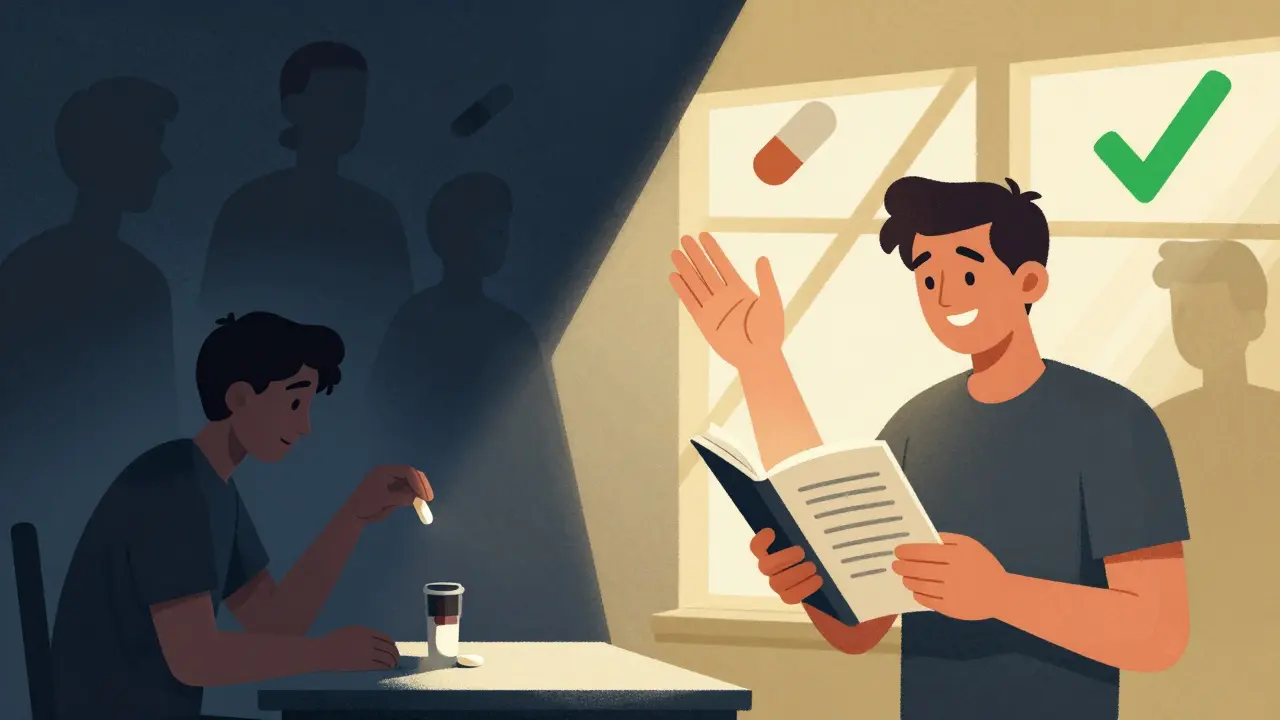 Split scene: person taking pill alone vs. same person using logbook with sunlight and safety symbols.