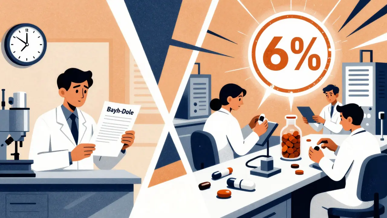 Split scene: U.S. lab with denied petitions vs. Indian factory producing generic HIV pills with royalty stamp.