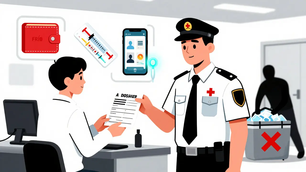 Traveler presenting medical documents at TSA checkpoint with approved items floating nearby