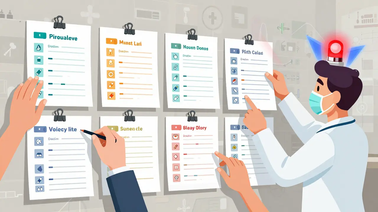 Wall of medication logs at a community center, diverse hands adding entries, paramedic holding one up with emergency lights.