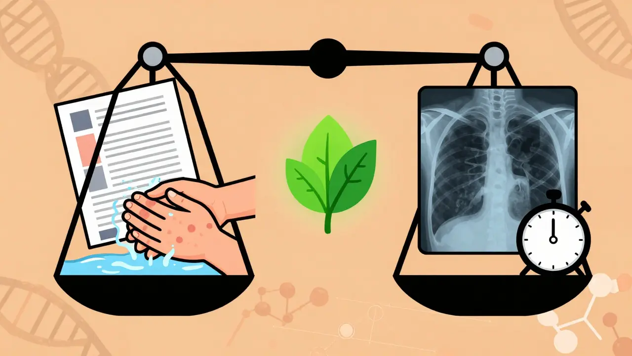A balanced scale showing health practices on one side and infection risks on the other, with a glowing leaf symbolizing hope.