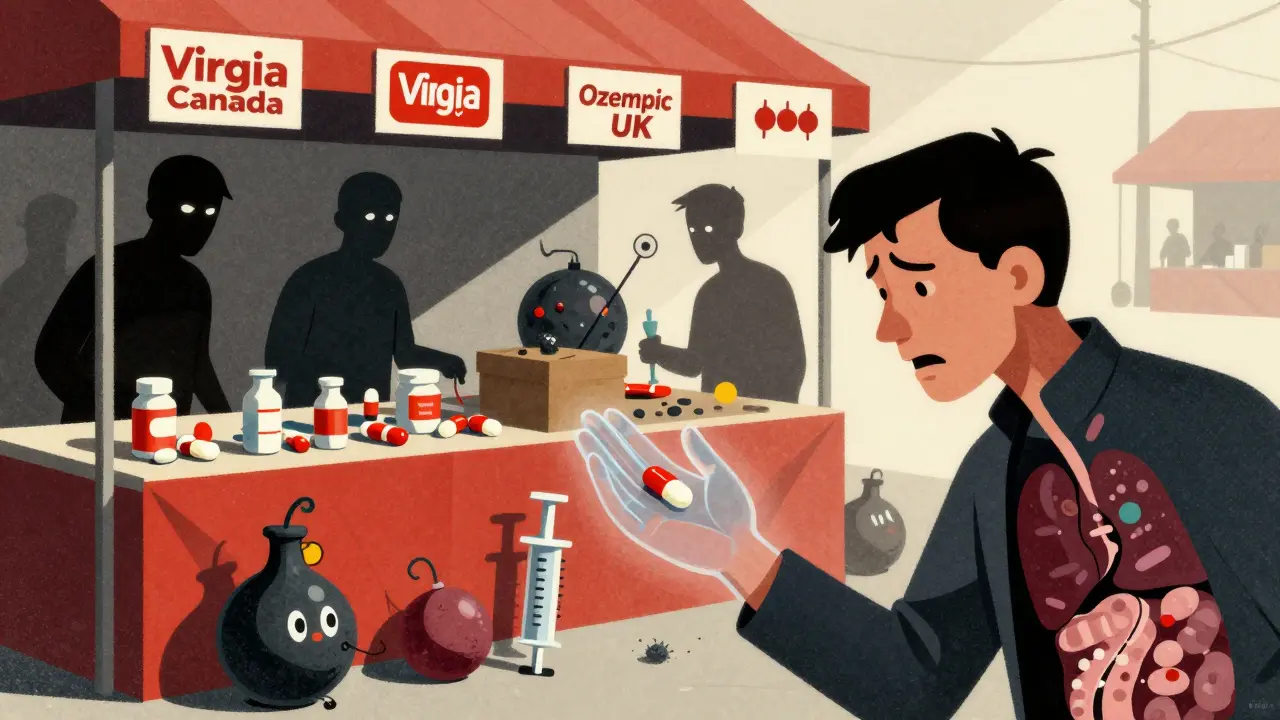 A chaotic marketplace where counterfeit pills morph into bombs and bacteria, with a patient reaching for one.