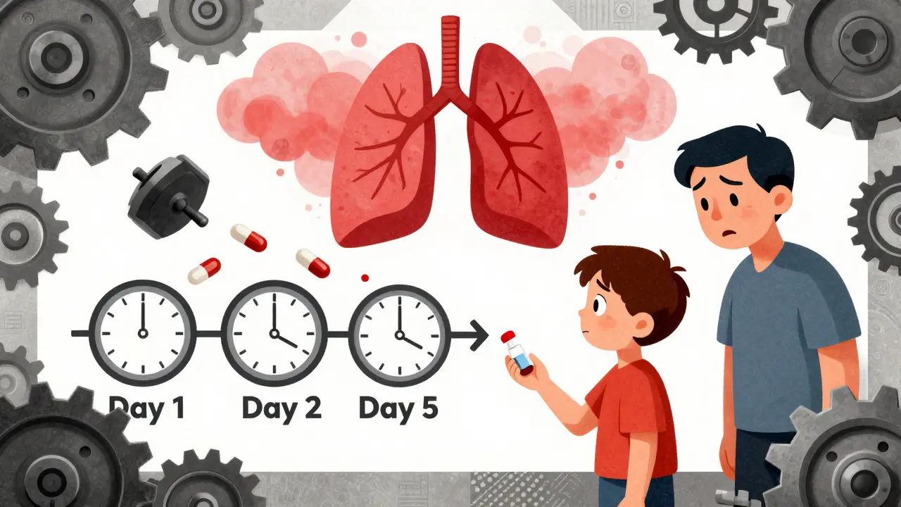 A child takes one pill as five prednisone pills fall away, with a lung clearing inflammation in the background.