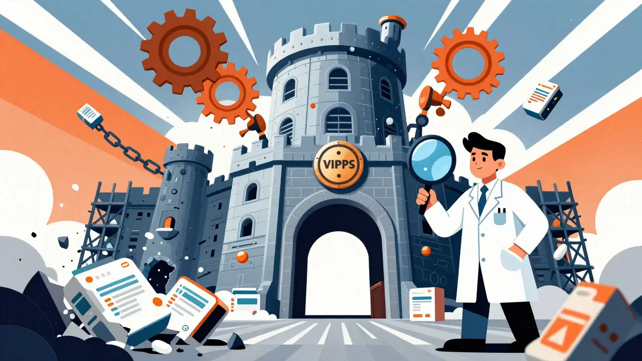 A fortified pharmacy guarded by a pharmacist, with fake websites collapsing and blockchain chains protecting real meds.