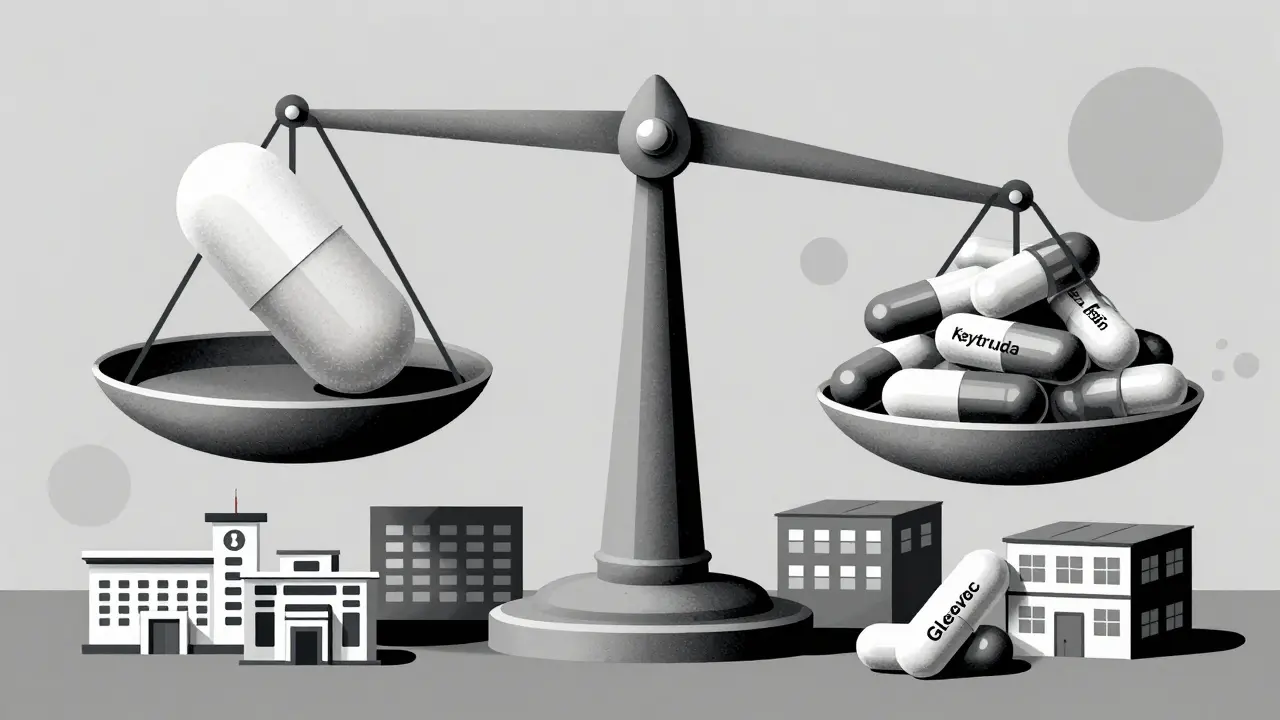 A giant scale balances one real cancer drug against many fake ones, with hospitals and suppliers tipping below.