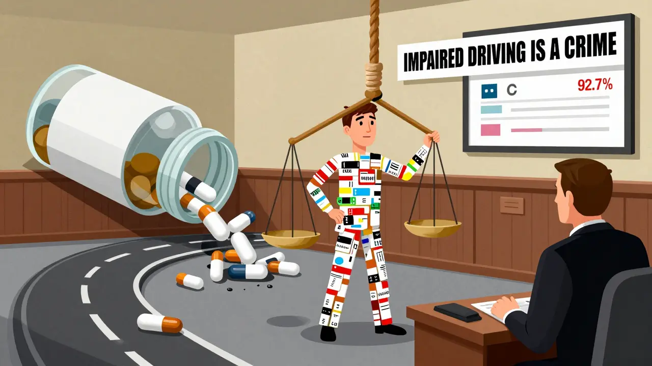 A man in court whose body is made of prescription labels, with a road curving into a noose.