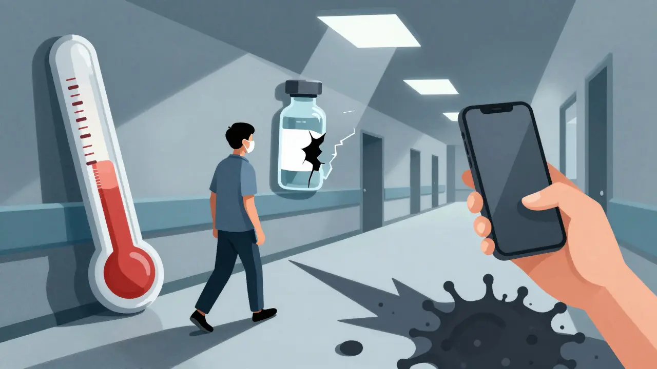 A masked patient walking past distorted medical symbols in a hospital corridor, with abstract infection spreading on the floor.