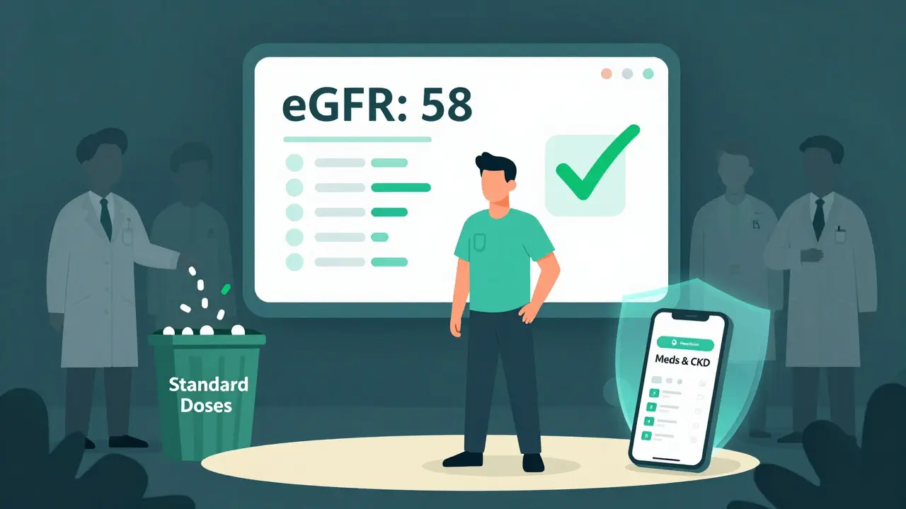 A patient empowered by an app showing safe kidney dosing, while outdated prescriptions are discarded.