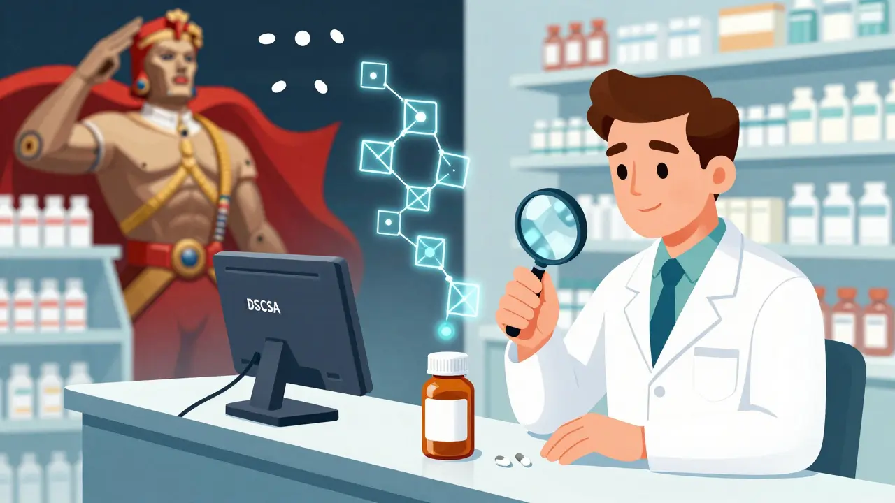 A pharmacist examines a pill under a magnifying glass as digital verification chains rise from a scanner behind.