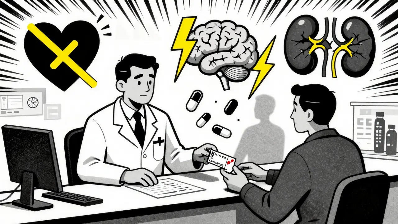 A pharmacist handing pills while floating danger symbols hover above, in bold geometric Constructivist design.