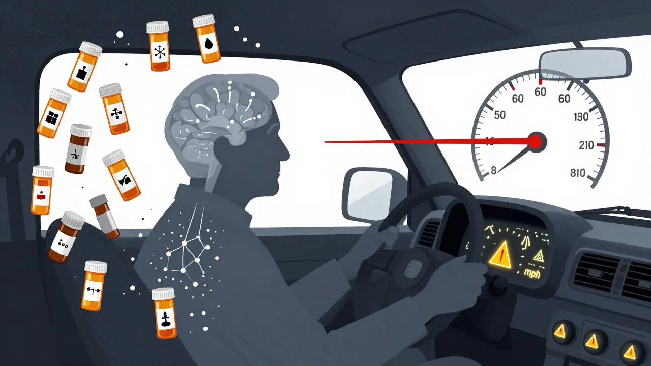 An elderly driver with a transparent body showing slowed brain signals while driving.