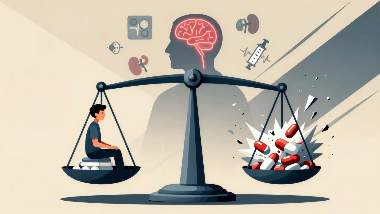 Balance scale tipping as lithium and ibuprofen clash, with elderly patient and collapsing medical icons