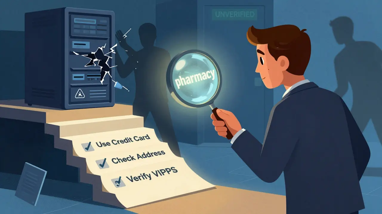 Citizen verifying a legitimate pharmacy website while shadowy thieves try to steal data nearby.