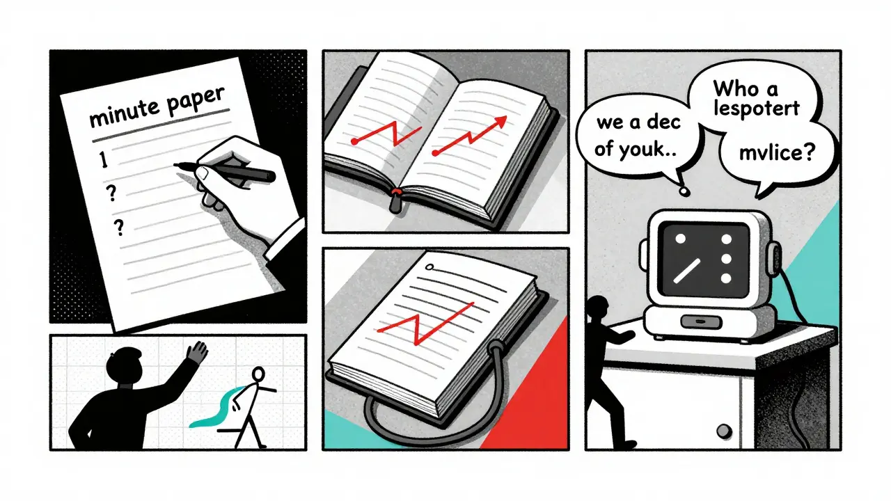 Clinic wall with fragmented panels showing patient journaling, blood pressure logs, and chatbot thought bubbles in geometric style.