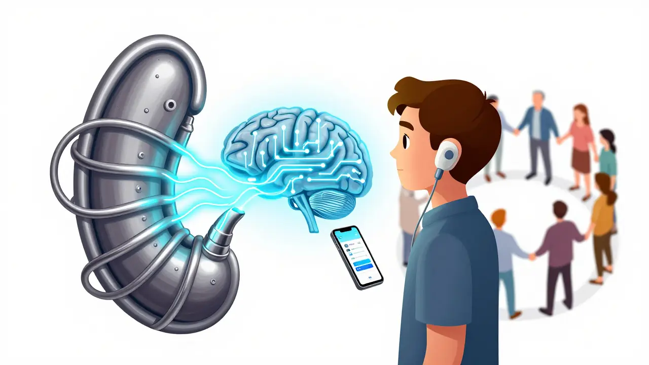 Cochlear implant transmitting signals to brain, with support group forming a circle in abstract Constructivist design.