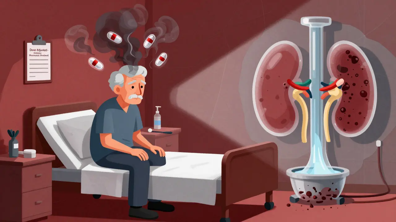 Confused elderly patient surrounded by toxic drug molecules, transparent kidney filter