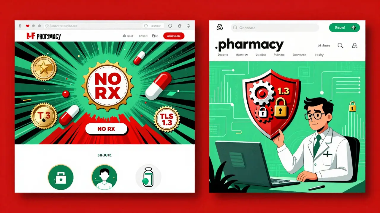Contrasting safe and unsafe online pharmacies with geometric symbols and color-coded security features.