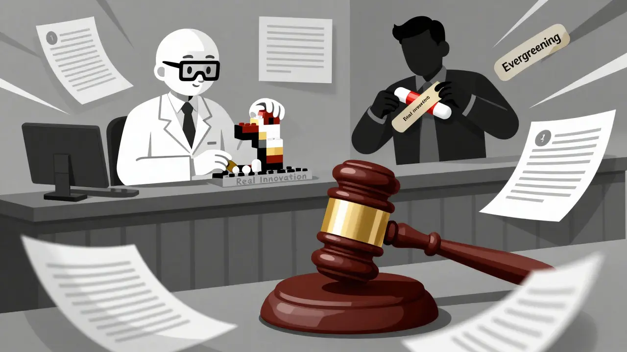 Courtroom scene with pill-shaped gavel, real innovation vs evergreening shadow figure.