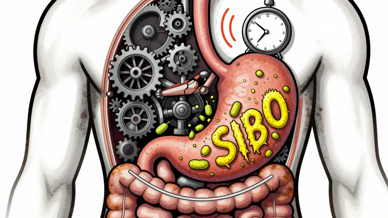 Cross-section of digestive system with bacteria swirls and stalled food, symbolizing gastroparesis and SIBO.
