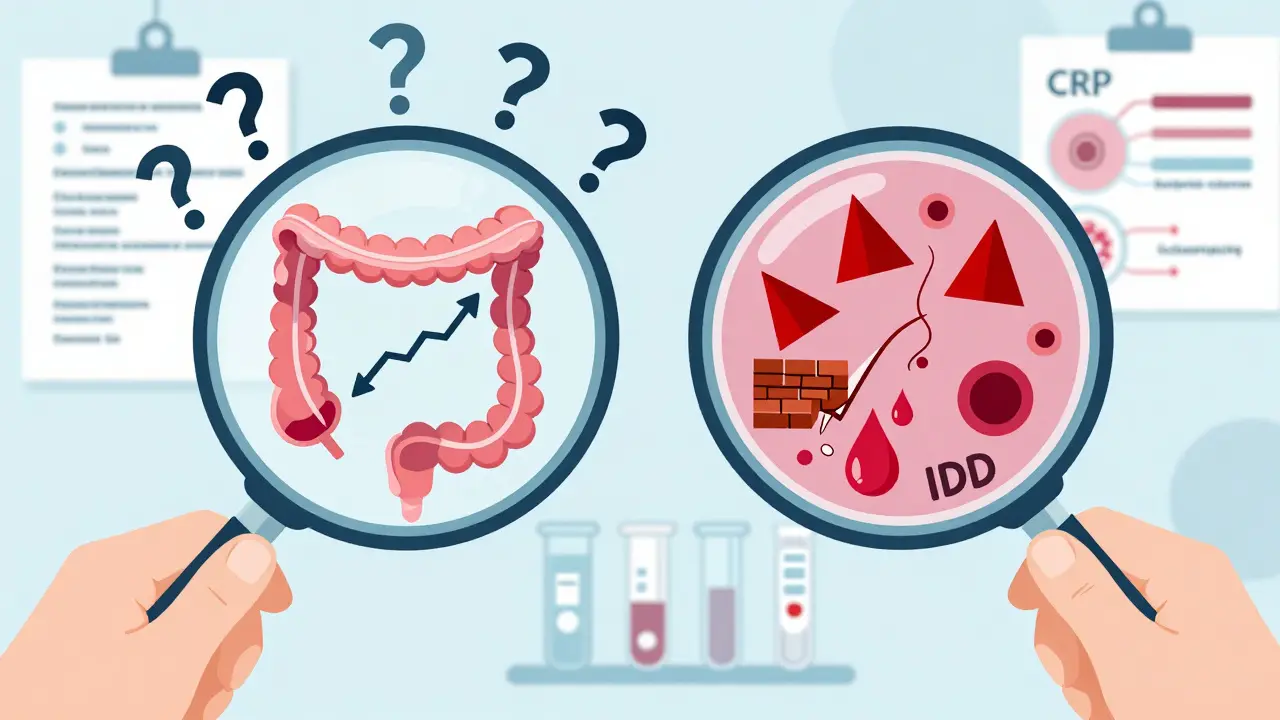 Doctor using magnifying glasses to contrast normal gut with IBD biopsy showing immune invasion and blood.