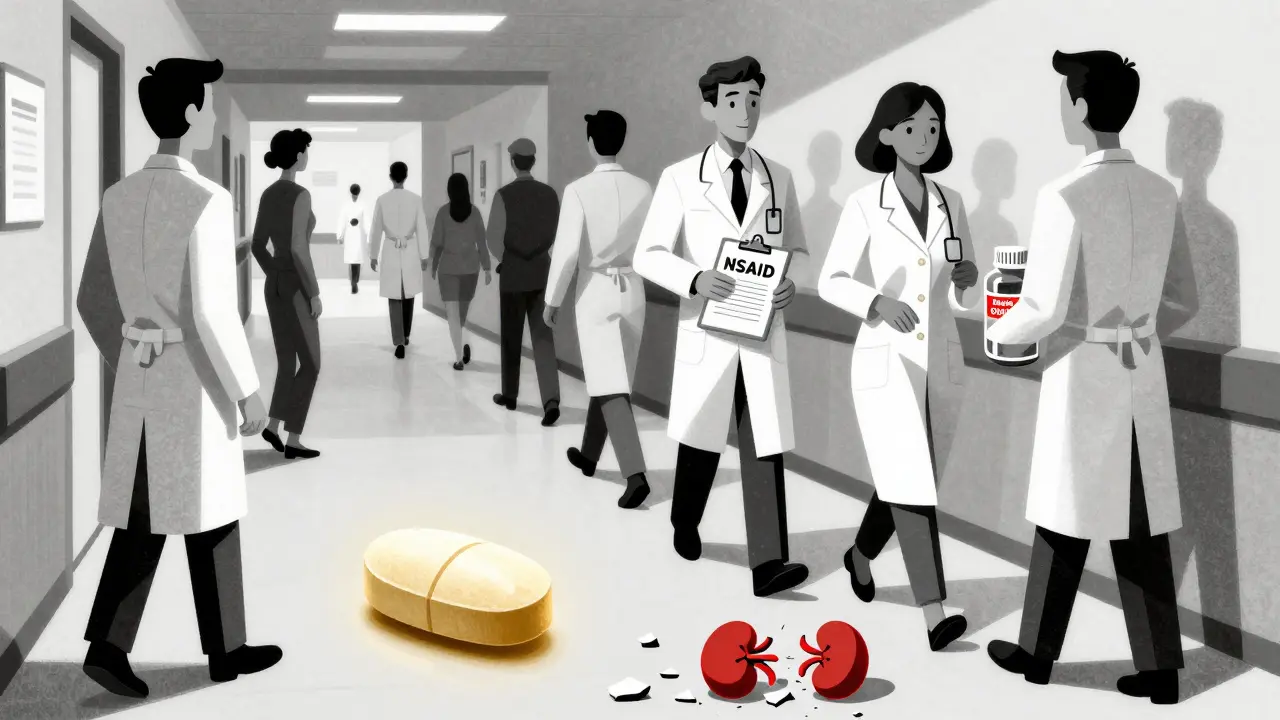 Doctors ignoring patient as NSAID prescription is written, acetaminophen glows safely in foreground