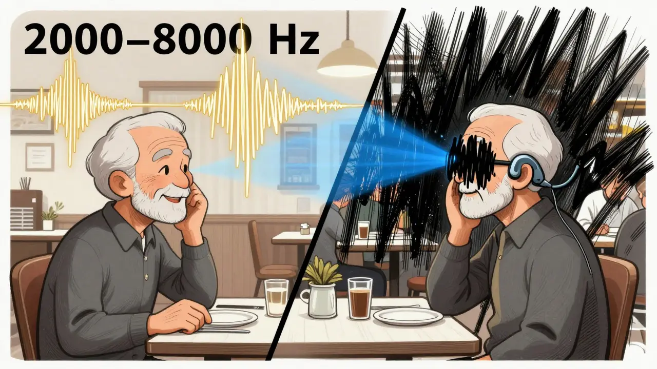 Elderly person hearing clearly in quiet room vs. overwhelmed by noise in restaurant, with hearing aid filtering sound.