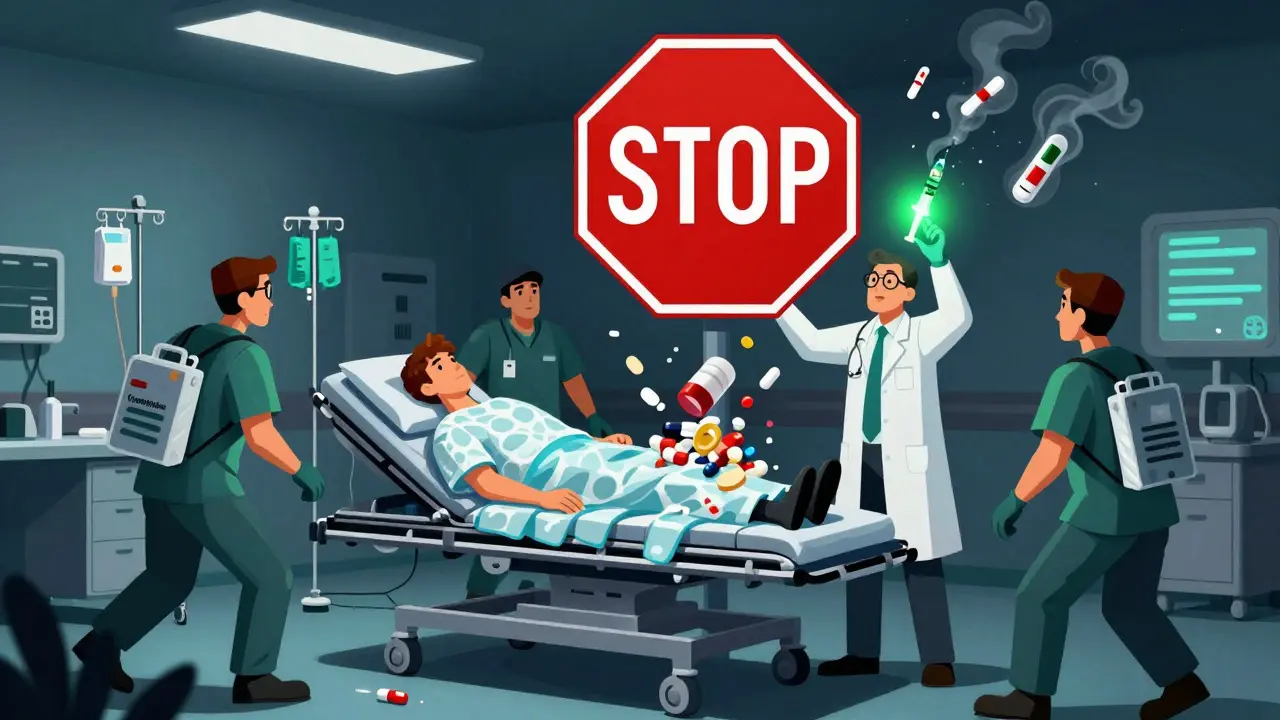 Emergency room scene with medical team treating serotonin syndrome, giant red STOP sign above discarded meds.