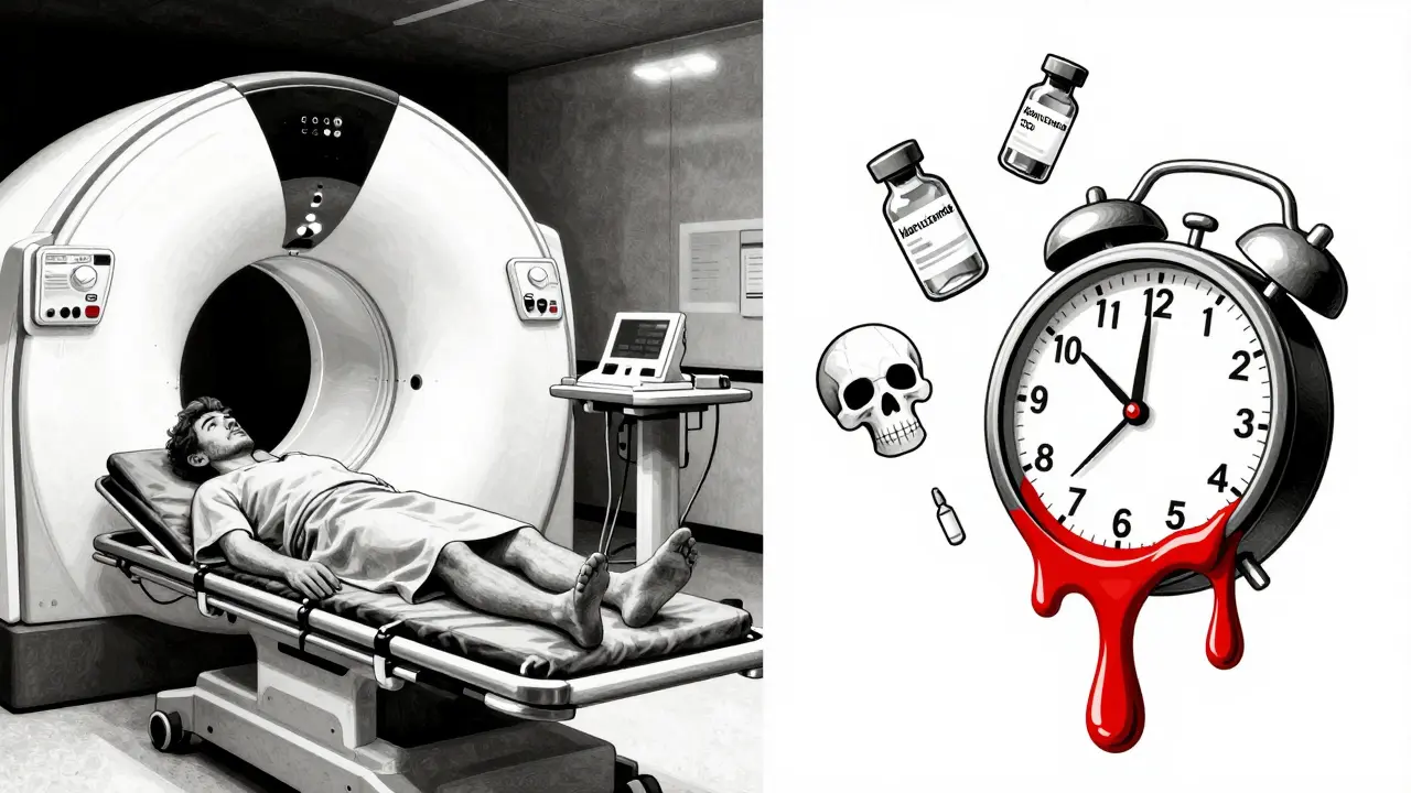 ER patient in CT scanner with melting clock and floating medical antidotes in abstract geometric composition.