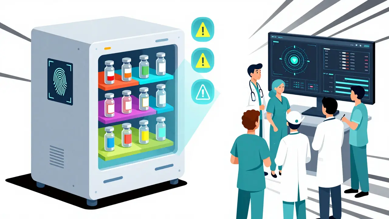 Futuristic automated cabinet with biometric access and color-coded drug compartments.