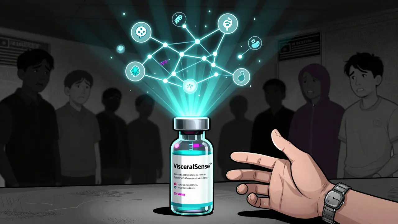 Futuristic blood test vial projecting a personalized gut-brain network as a glowing constellation