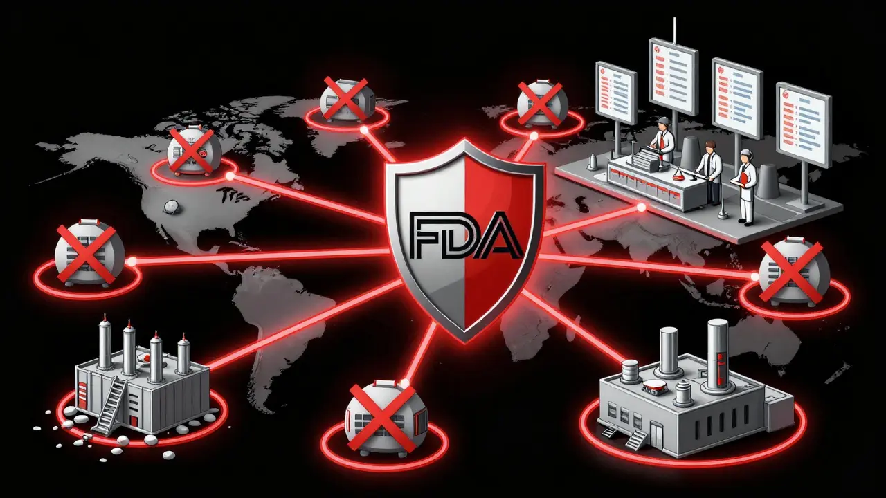 Global factory network linked to FDA shield, some collapsing under inspection pressure, others thriving with digital systems.