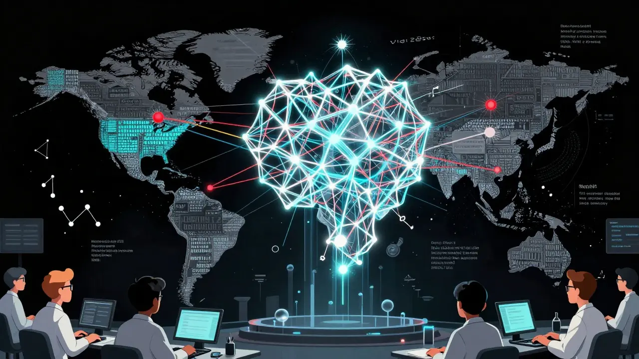 Glowing AI network linking global drug side effect reports with medical code symbols floating around.