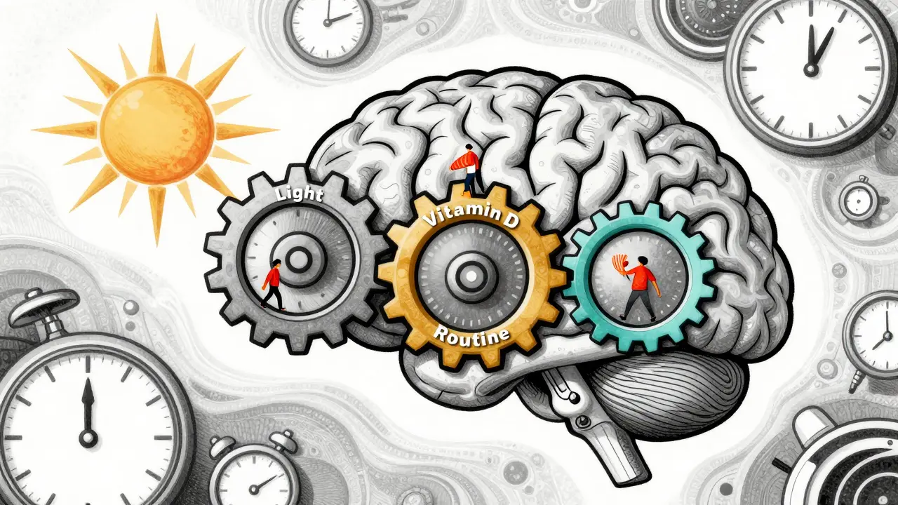 Human brain as three synchronized gears labeled Light, Vitamin D, and Routine under a rising sun.
