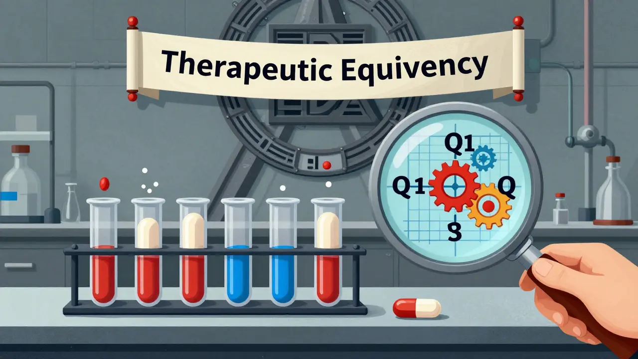 Lab test tubes releasing particles in sync with pills, Q1-Q2-Q3 criteria as interlocking gears.