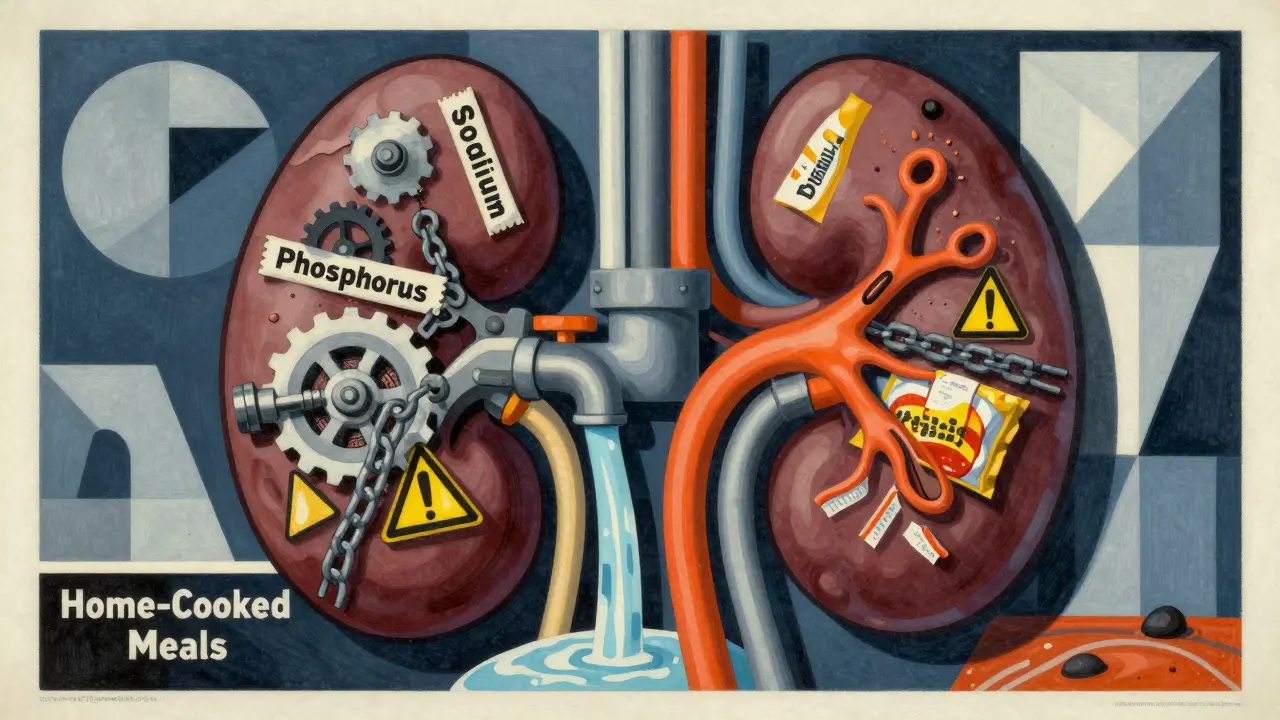 Mechanical kidney filter clogged by processed food labels, with clean water flowing from home-cooked meals.