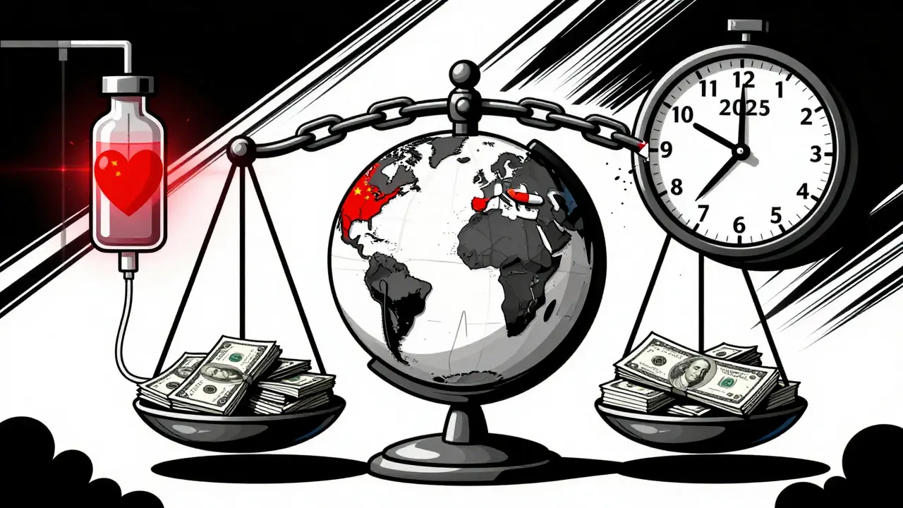 Moral scale with a life-saving vial versus money, connected to global factories and a ticking clock.