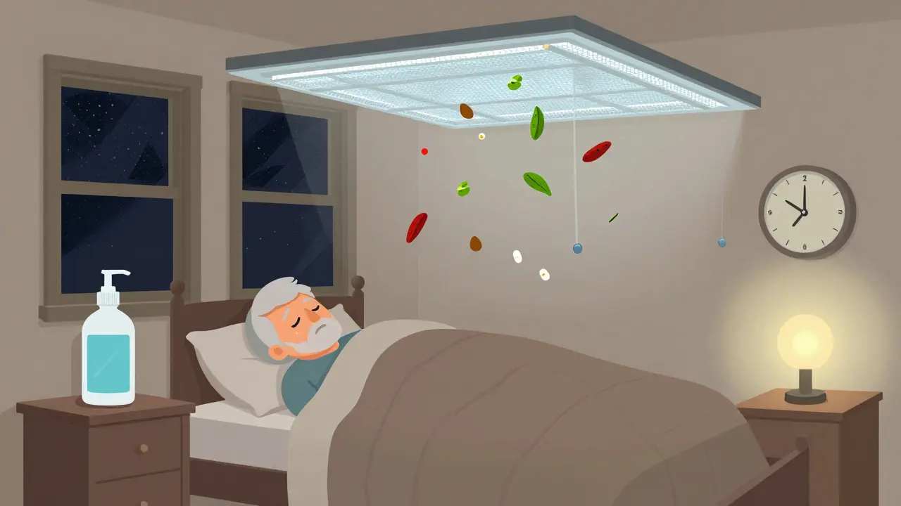 Older adult sleeping peacefully in bedroom with HEPA filter, saline rinse, and no medications visible.