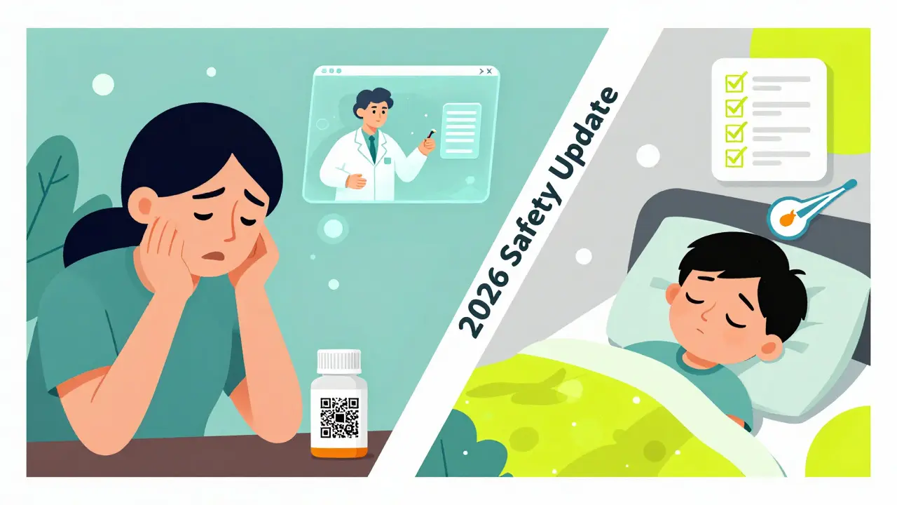 Parent scanning QR code on medicine bottle, holographic dosing guide and sleeping child