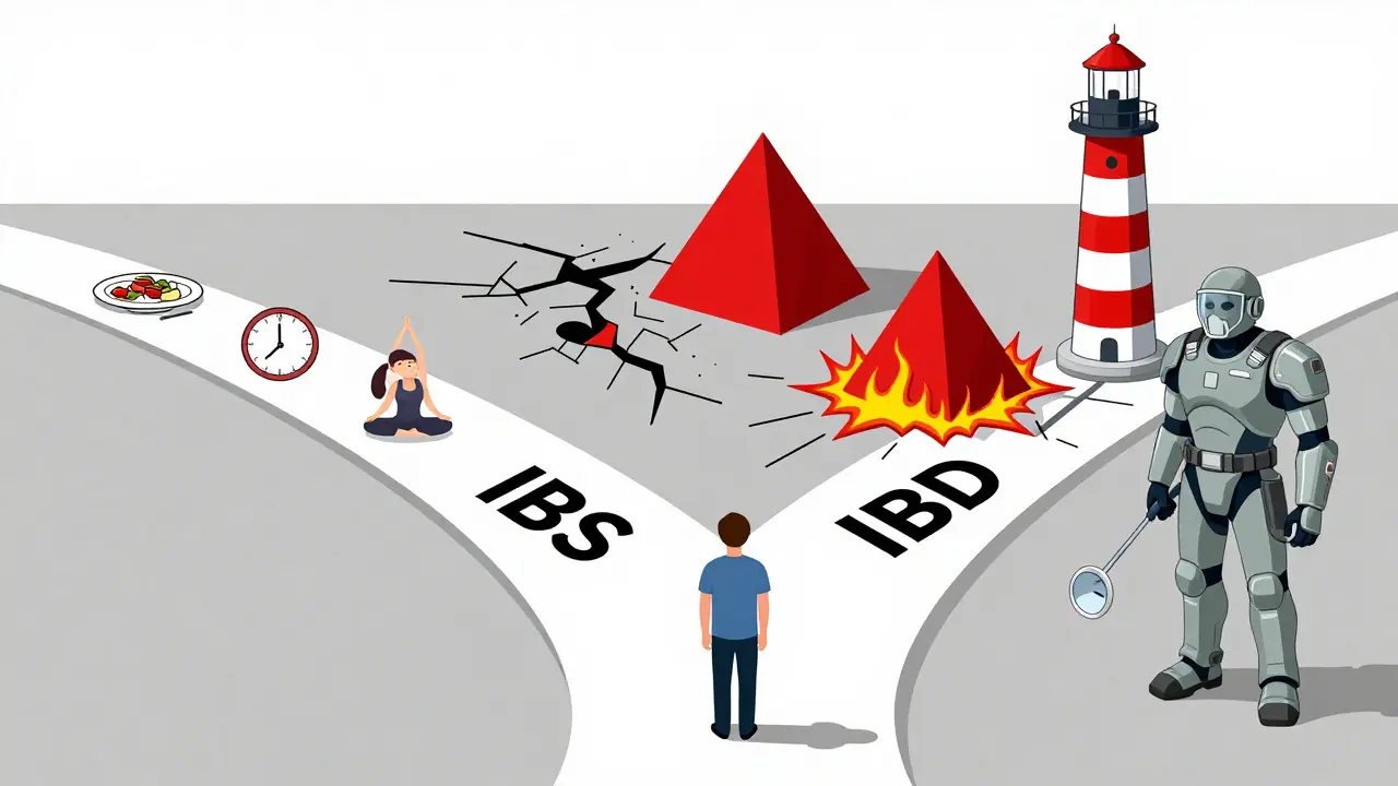 Patient at crossroads choosing between IBS management path and IBD complication trail with medical symbols.