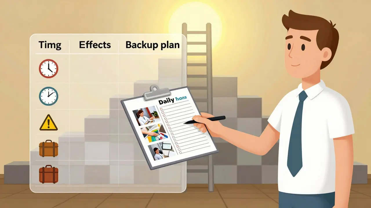Patient holding medication portfolio beside a transparent rubric grid with icons for timing, side effects, and backup plans.