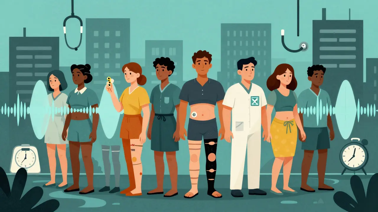 Patients in compression gear amid collapsing pressure waves, representing autonomic dysfunction.