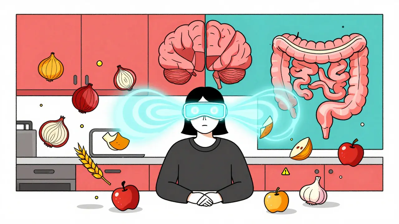 Person under calming hypnotherapy energy dissolving stressful food symbols around them